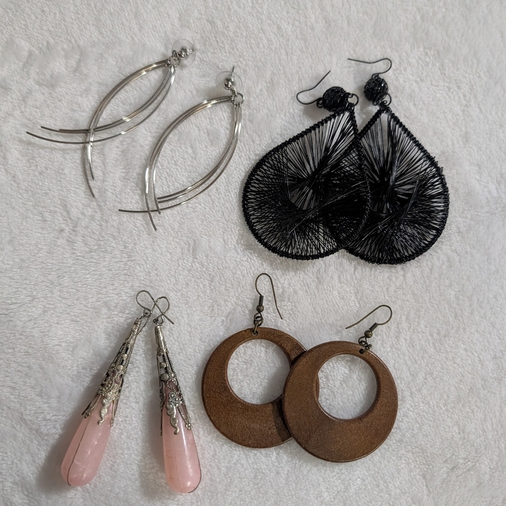 Set Of 4 Elegant Silver and Black Earrings Set, Bold Statement Earrings